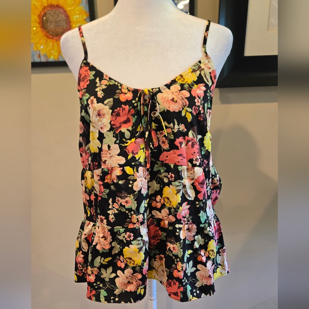 INC International Concepts Black Floral tiered ruffle Camisole